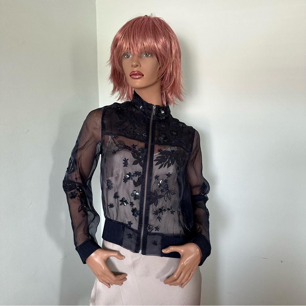Elie Tahari Navy Beaded Sheer Floral Bomber Jacket